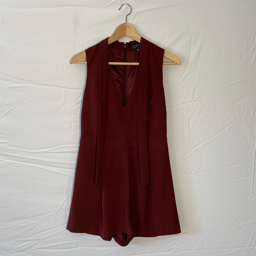 Topshop burgundy tie front plunge playsuit